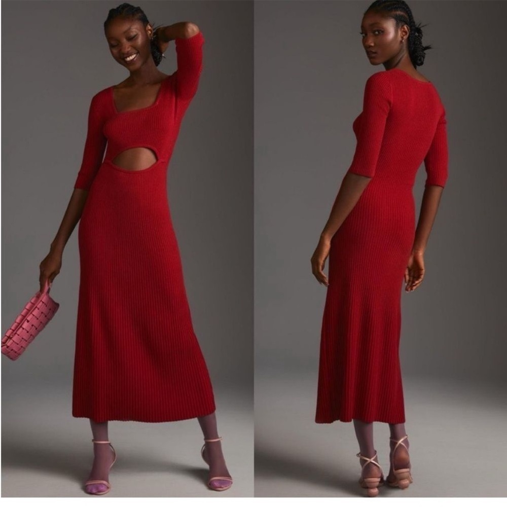 Favorite Daughter The Crush Ribbed Knit Midi Dress Large Cotton Cashmere Cutout